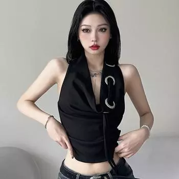 Сексуальный черный жилет с открытой спиной и халтер-воротом для женщин - летний топ с V-образным вырезом и резинкой на талии S чёрный