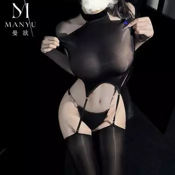 Сексуальный D бесшовный боди с вырезом на шее, перспективный, маслянистый, забавный, черный, шелковый, на подтяжках, чулки W One size [Recommended weight 80-75 kg]