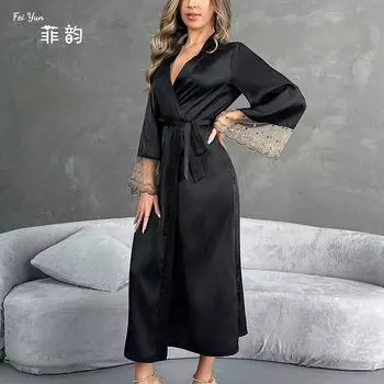 Сексуальный длинный кардиган ночная рубашка пижама женская кружевная сращивание соблазн атласное платье S чёрный