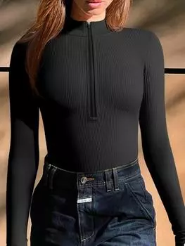 Сексуальный длинный рукав боди облегающий ребристый цельный женский боди с застежкой-молнией спереди новый облегающий тип модные женские боди S чёрный