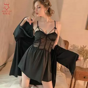 Сексуальный домашний пижамный комплект, сетчатая плиссированная ночная рубашка в стиле французской феи с подвязками, которую можно носить на улице, комплект 2006 г. One size