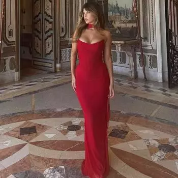 Сексуальный двойной сетчатый облегающий комплект из двух частей с запахом на груди и бедрами, с длинной юбкой S красный