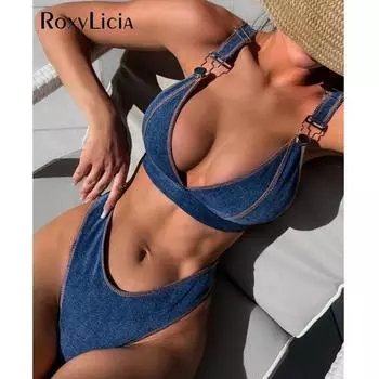 Сексуальный джинсовый синий бразильский бикини с высоким вырезом женский купальник женский купальник из двух частей комплект бикини купальный костюм для плавания S синий