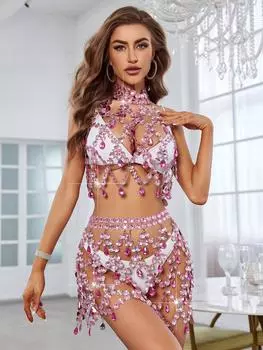 Сексуальный европейский и американский костюм с отделкой стразами XY21059 One Size