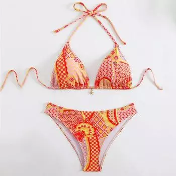 Сексуальный европейский и американский купальник-бикини с драпировкой, двухпредметный, для женщин M красный