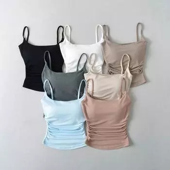 Сексуальный европейский и американский стиль, боковая плиссированная майка, пикантный женский стиль, плоский короткий жилет, эластичный топ S темно-серого