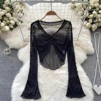 Сексуальный французский вязаный кардиган в стиле ретро с v-образным вырезом, женский весна/лето, тонкий солнцезащитный крем, топ с короткими рукавами и рукавами-колокольчиками S чёрный