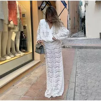 Сексуальный глубокий V-образный вырез, прозрачный кружевной комплект из двух предметов, женский брючный костюм, топ с длинным рукавом, длинные брюки, весенний однотонный элегантный брючный комплект S белый