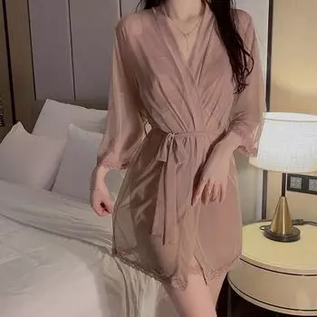 Сексуальный халат комплект женский глубокий V сетчатый кружевной крест спинка платье-комбинация пижама халат на шнуровке домашняя одежда M