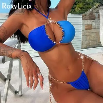 Сексуальный халтер металлические кольца высокий вырез бикини женский купальник женский купальник из двух частей комплект бикини купальный костюм купальный костюм S синий