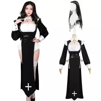 Сексуальный и милый костюм для косплея с капюшоном и набором горничной для и Популярный черный [Божественное качество] Сестра/Монахиня Крест, Святой, Пастор, Миссионер, Наряд,