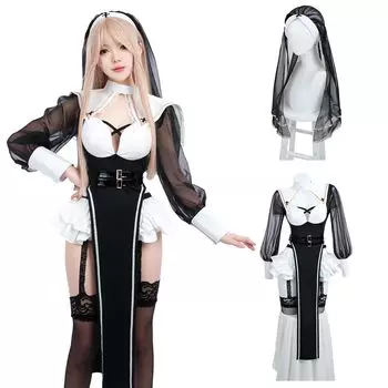 Сексуальный и милый костюм с капюшоном для милого хэллоуинского набора [Божественное качество] Сестра/Монахиня Горничная, Святой, Пастор, Миссионер, Церковь, Хор, 7 предметов (Кружево, M)