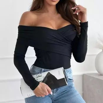 Сексуальный и модный облегающий универсальный комбинезон с V-образным вырезом, открытыми плечами, длинными рукавами и однотонной отделкой L чёрный