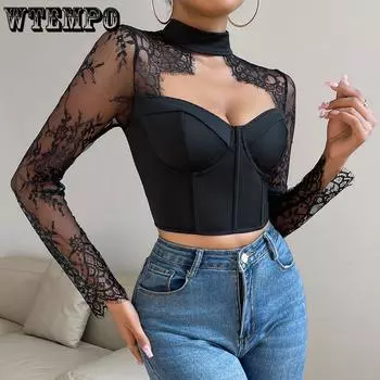 Сексуальный и модный топ с глубоким вырезом Spicy Girl, облегающий крой и кружевная женская одежда с длинными рукавами S чёрный