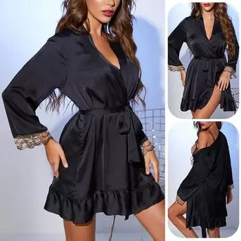 Сексуальный кардиган с v-образным вырезом, кружевная атласная ночная рубашка, пижама XS чёрный