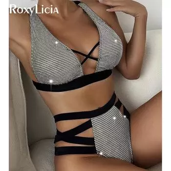 Сексуальный клетчатый женский купальник с ремешками, бикини с высокой талией, женский купальник из двух частей, комплект бикини с мягкой подкладкой, купальный костюм для плавания S серебряный