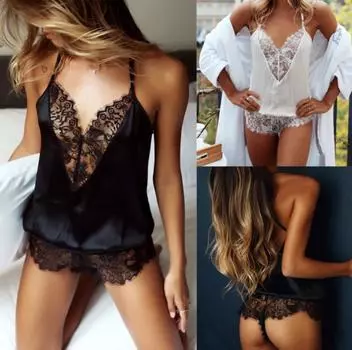 Сексуальный комбинезон с V-образным вырезом и кружевным воротом, глубокий V-образный вырез, сексуальное нижнее белье из молочного атласа S