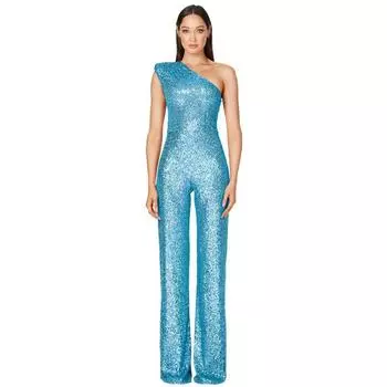 Сексуальный комбинезон в европейском и американском стиле, женские брюки с высокой талией 2022, женский комбинезон без рукавов на одно плечо с пайетками, однотонный Sky Blue M