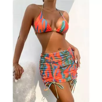 Сексуальный комплект бикини из 3 предметов с градиентным радужным принтом 2024, женский купальник с эффектом пуш-ап, плиссированная юбка на шнурке, пляжный купальный костюм, купальный костюм S красный