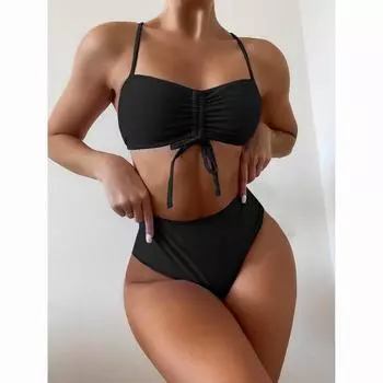 Сексуальный комплект бикини с пуш-ап-бандо, однотонный купальник с цветочным принтом, женский купальный костюм, купальник с высокой талией, купальный костюм-стринг, Biquin S чёрный