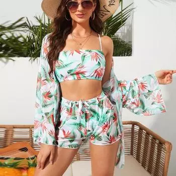 Сексуальный комплект бикини с высокой талией-бандо и шортами для мальчика, сетчатый купальник из 3 предметов с цветочным принтом, женский купальный костюм, купальный костюм, пляжная одежда S светло-зеленый
