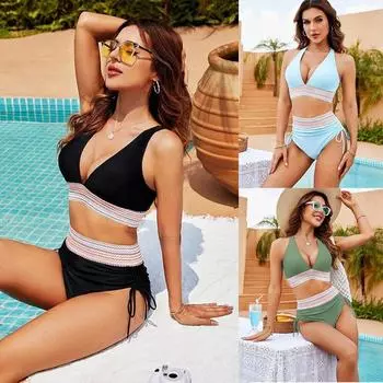 Сексуальный комплект бикини с высокой талией, женский однотонный купальник 2024, лоскутный купальник, женский бикини на шнуровке, пляжная одежда, купальный костюм S чёрный