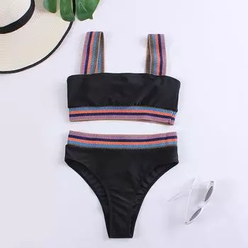 Сексуальный комплект бикини женский купальник из двух частей в полоску с цветными вставками женский купальный костюм с высокой талией летняя пляжная мода S чёрный