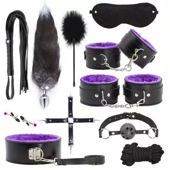 сексуальный комплект для удержания бондажа БДСМ, плюшевые манжеты на щиколотке, воротник, хвост, анальная пробка, косплей, анальная пробка, кляп для рта, кнут, повязка на глаза, веревка, тизер, зажимы для сосков