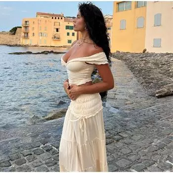 Сексуальный комплект из 2 предметов для женщин, комплекты с укороченным топом и юбкой, модные летние наряды для женщин, пляжные наряды с оборками для отпуска 2024 года S абрикосовый