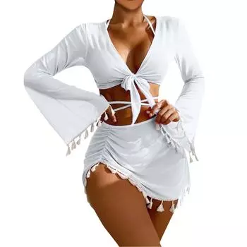 Сексуальный комплект из 4 частей бикини с бретельками через шею, женский однотонный купальник, женский купальник с длинным рукавом и юбкой, купальный костюм, пляжная одежда, лето XL белый