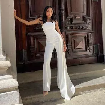 Сексуальный комплект из брюк-труб с лентой, женский однотонный укороченный жилет без рукавов, широкие брюки с высокой талией, весенне-осенний женский модный наряд S белый