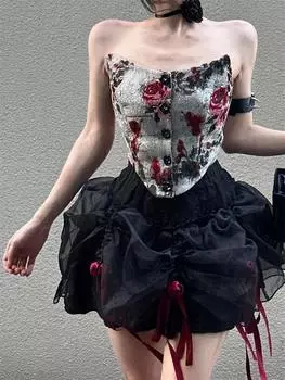 Сексуальный комплект из двух предметов с бантом и принтом, женские летние топы без бретелек с розами + мини-юбка-торт, женская корейская модная уличная одежда, вечерние новые костюмы M чёрный