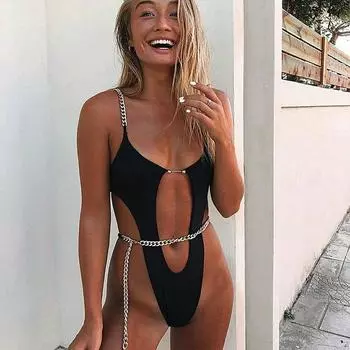 Сексуальный комплект микро бикини, одинаковые стринги с цепочкой, бразильский купальник, женский белый купальник с эффектом пуш-ап, женский купальный костюм, бикини, купальщицы L чёрный