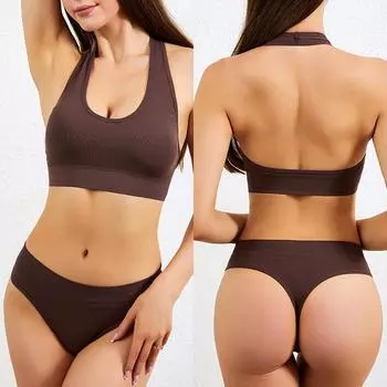 Сексуальный комплект нижнего белья для женщин, бесшовные бюстгальтеры, трусики с низкой талией, хлопковые стринги, беспроводной бюстгальтер с лямкой на шее, женское нижнее белье M белый