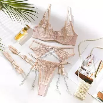 Сексуальный комплект нижнего белья из четырех предметов с окружностью ноги XL бежевый