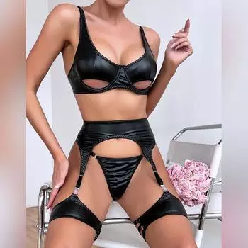 Сексуальный комплект нижнего белья из кожи, ажурный бюстгальтер и трусики для женщин S