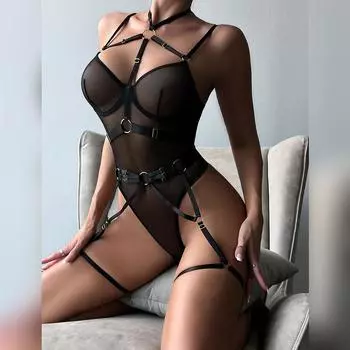 Сексуальный комплект нижнего белья, кружевное боди, женское прозрачное сексуальное нижнее белье, прозрачные колготки, эротическое боди с вырезами и поясом для чулок M