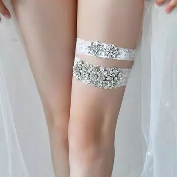 Сексуальный комплект подвязок для девочек, белый кружевной свадебный комплект для женщин, серебряный пояс со стразами, черные свадебные подвязки для платья невесты S86