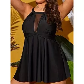 Сексуальный комплект танкини больших размеров, женский купальник из 2 предметов с контрастной сеткой и баской, топ-топ и трусики на бретельках через шею 1XL(14) чёрный