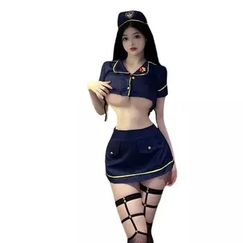 Сексуальный косплей стюардесса полиции Калифорнии открытая грудь открытый пупок экстремально эротический милый униформа дамы озорной косплей верх и низ комплект маскарадное платье