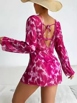 Сексуальный костюм из 3 предметов, женский комплект бикини с длинными рукавами и прозрачной накидкой, купальник с открытой спиной и завязками, праздничная пляжная одежда S розы красного