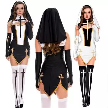 Сексуальный костюм монахини для взрослых женщин, белое платье для косплея с черным капюшоном для Хэллоуина, костюм сестры для косплея, вечерние чулки XL