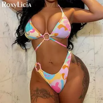 Сексуальный красочный бикини с лямкой на шее, женский купальник, женский купальник, комплект бикини из двух частей, купальный костюм для плавания S