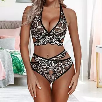 Сексуальный кружевной комплект нижнего белья Цветочный кружевной бралетт и трусики Комплекты бэбидолл Бюстгальтер-халтер V-образная талия L