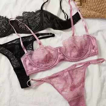 Сексуальный кружевной комплект с бюстгальтером 1/2 чашки для женщин, ультратонкое нижнее белье, французский черный бюстгальтер и стринги, комплекты нижнего белья на косточках S розовый