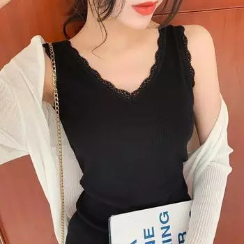 Сексуальный кружевной топ с v-образным вырезом для женщин, облегающая майка в рубчик в корейском стиле, идеально подходит для многослойного ношения или ношения в одиночку весной и летом M чёрный