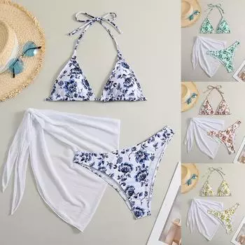 Сексуальный купальник-бикини с цветочным принтом, комплект из трех частей L синий