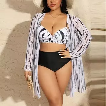 Сексуальный купальник больших размеров из трех частей, сетчатый солнцезащитный купальник с длинными рукавами, женский купальник с высокой талией, летний купальный костюм, женский монокини, танкини 0XL чёрный/белый