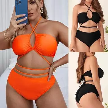 Сексуальный купальник больших размеров, комплект бикини, женский однотонный купальник на шнуровке с лямкой на шее, бикини, однотонный купальник 0XL чёрный