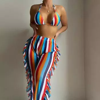 Сексуальный купальник с вертикальным принтом и шифоновыми брюками, комплект бикини из 3 предметов S разноцветный